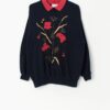 Vintage collared sweatshirt in navy blue with red embroidered poppies - Medium / Large