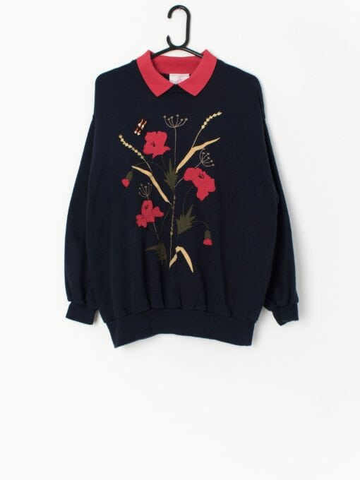 Vintage collared sweatshirt in navy blue with red embroidered poppies - Medium / Large