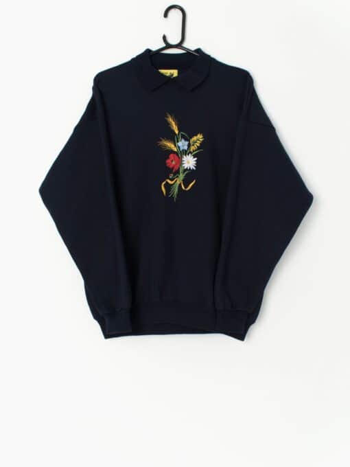 Vintage collared sweatshirt in navy with floral bouquet - Large