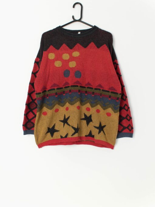 Vintage Cotton Jumper In Red With Wavy Geometric Pattern Large