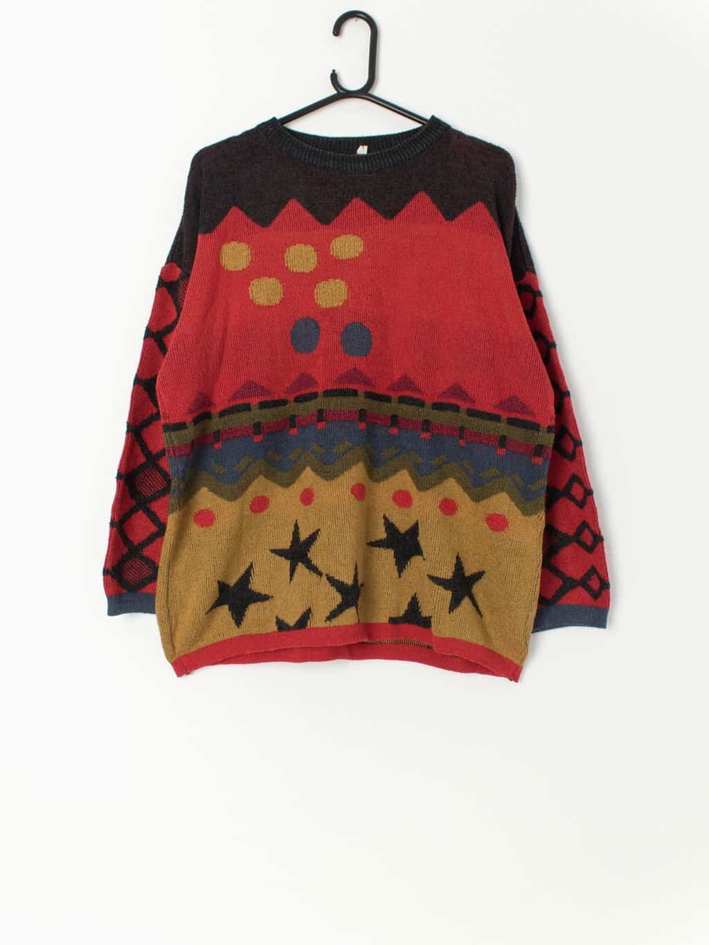 Vintage Cotton Jumper In Red With Wavy Geometric Pattern Large