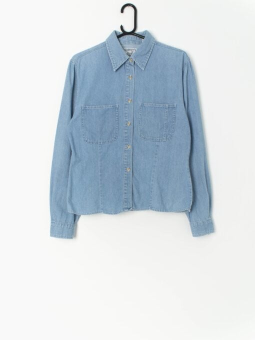 Vintage Denim Shirt In Light Blue Engineer Style With Open Front Pockets 90s Medium Large