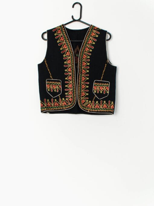 Vintage Embroidered Waistcoat In Black With Colourful Pattern Medium