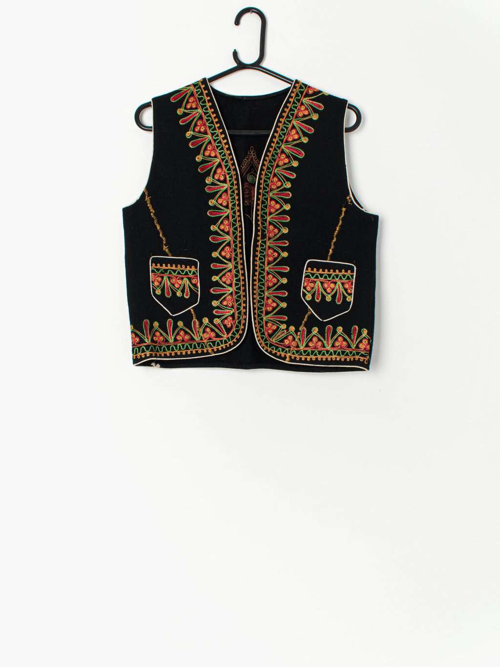 Vintage Embroidered Waistcoat In Black With Colourful Pattern Medium