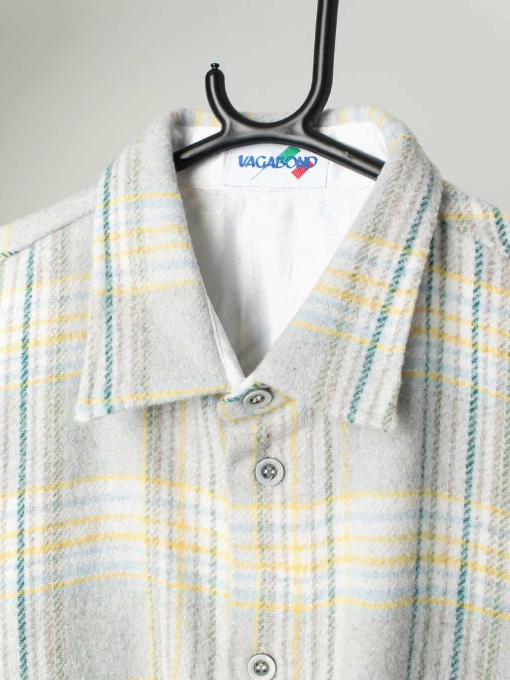 Vintage fleece plaid flannel shirt in yellow, green and soft grey - Medium