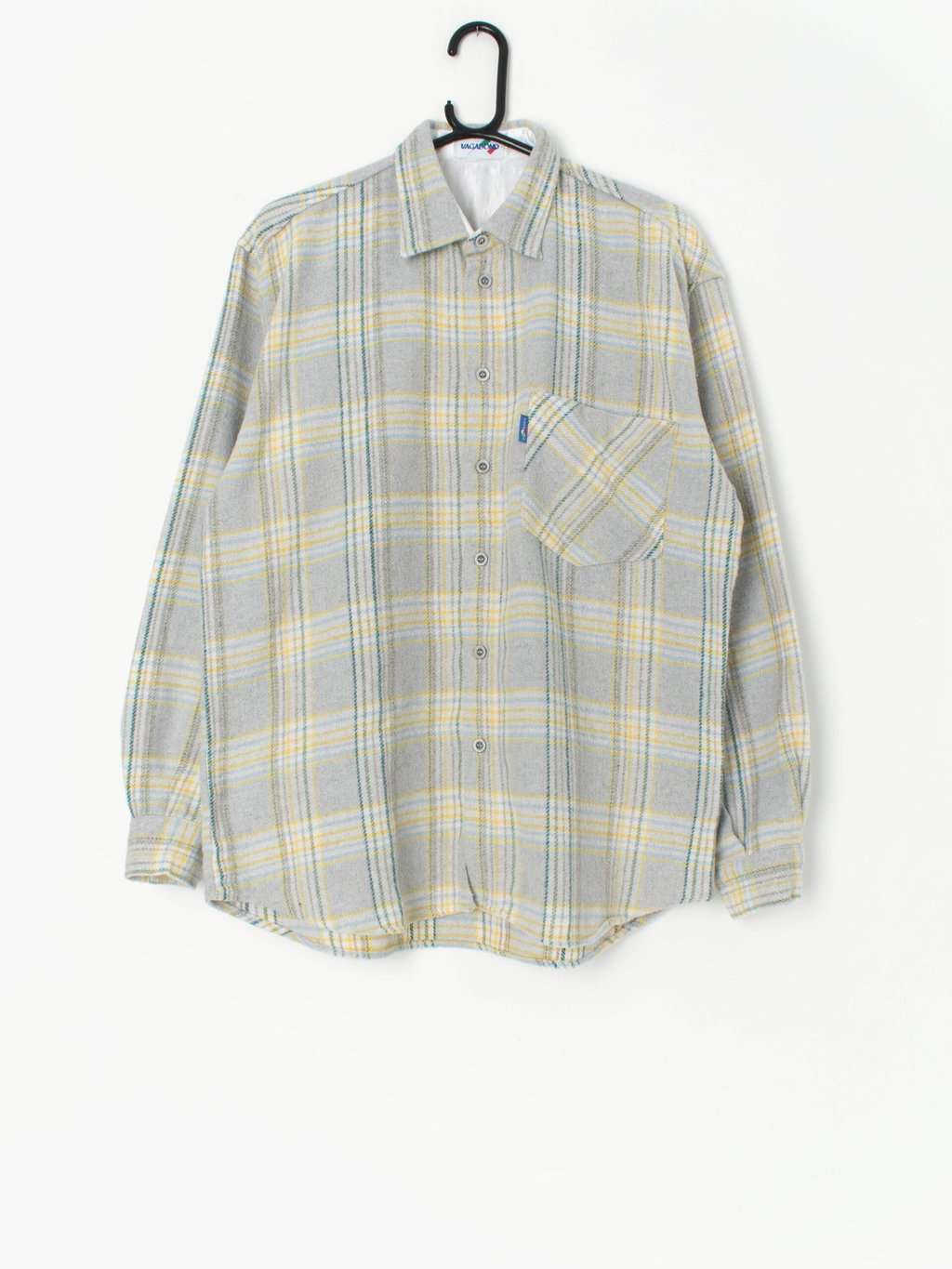 Vintage fleece plaid flannel shirt in yellow, green and soft grey - Medium