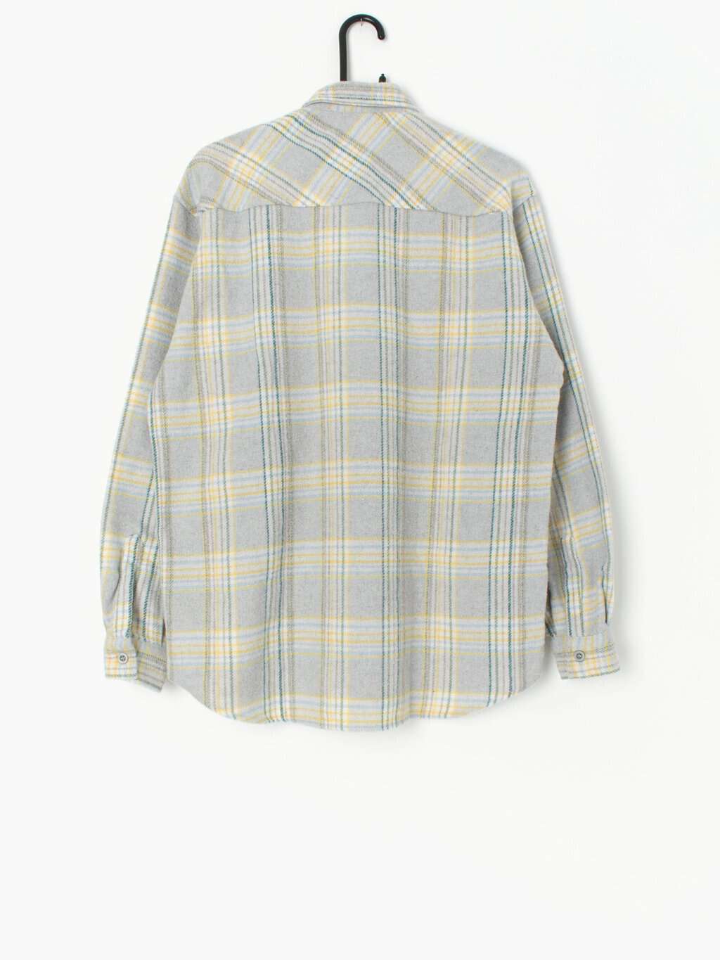 Vintage fleece plaid flannel shirt in yellow, green and soft grey - Medium
