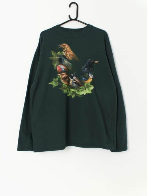 Vintage forest green sweatshirt with bird graphics, 90s - XL