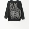 Vintage Grey Jumper With Large Silver Tiger Design Medium