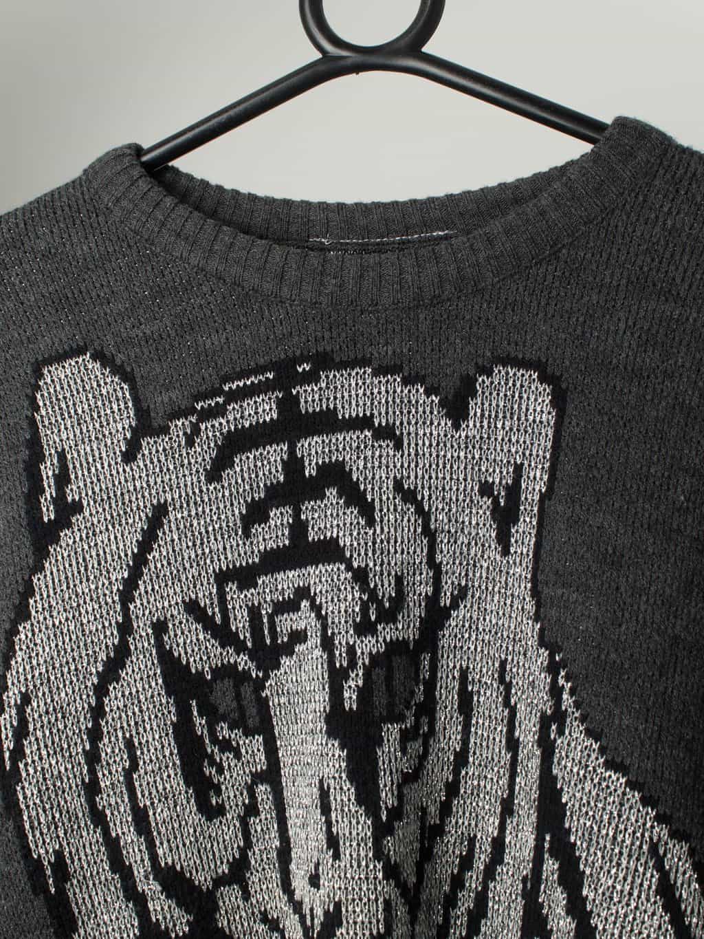 Vintage Grey Jumper With Large Silver Tiger Design Medium 2