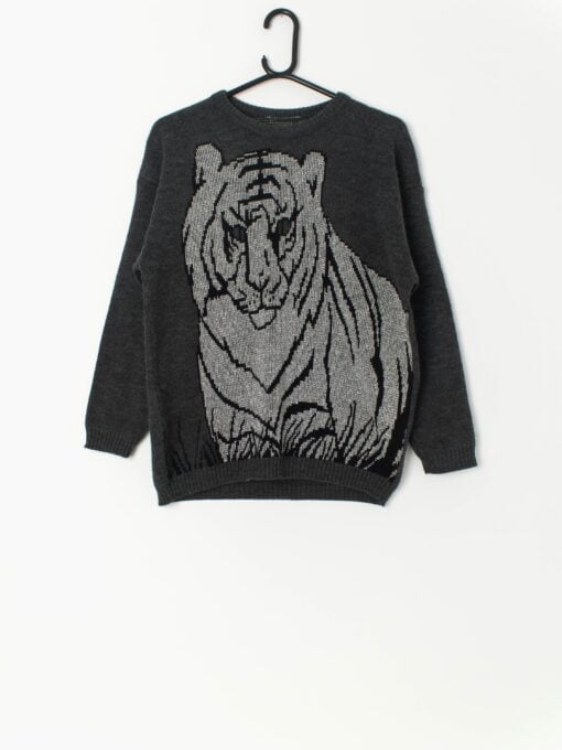 Vintage Grey Jumper With Large Silver Tiger Design Medium