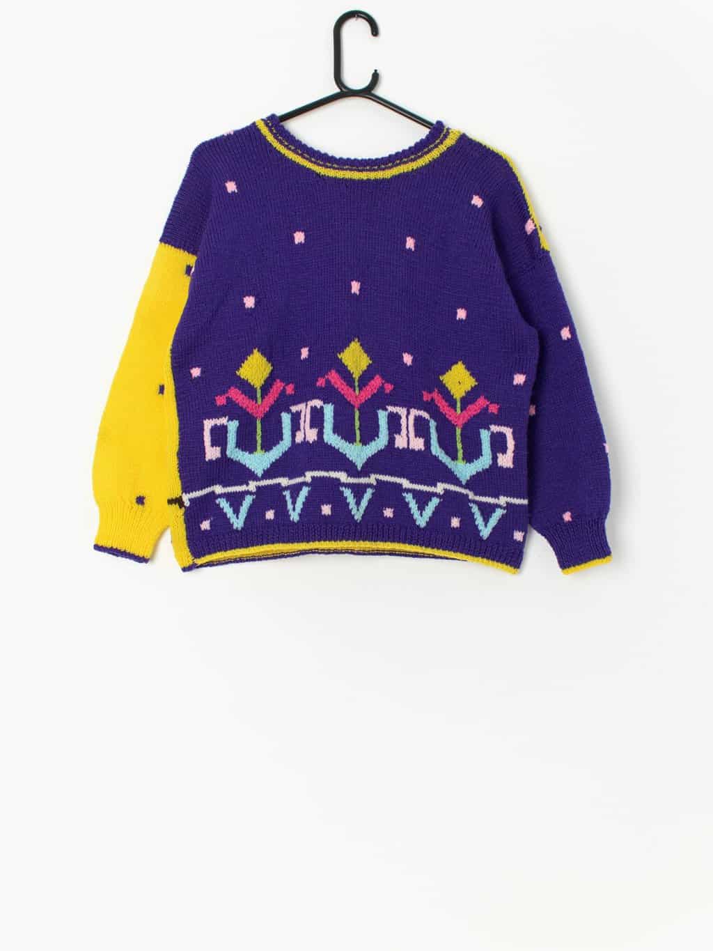 Vintage Handknitted Bright Yellow And Purple Jumper With Colourful Abstract Floral Design Large 3