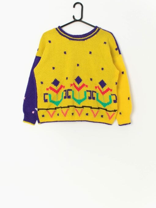 Vintage Handknitted Bright Yellow And Purple Jumper With Colourful Abstract Floral Design Large