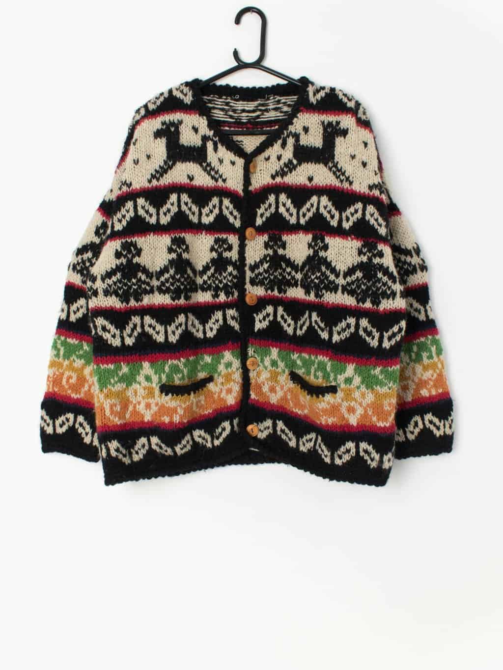 Vintage Handknitted Chunky Wool Cardigan With Doll And Horse Design Large Xl