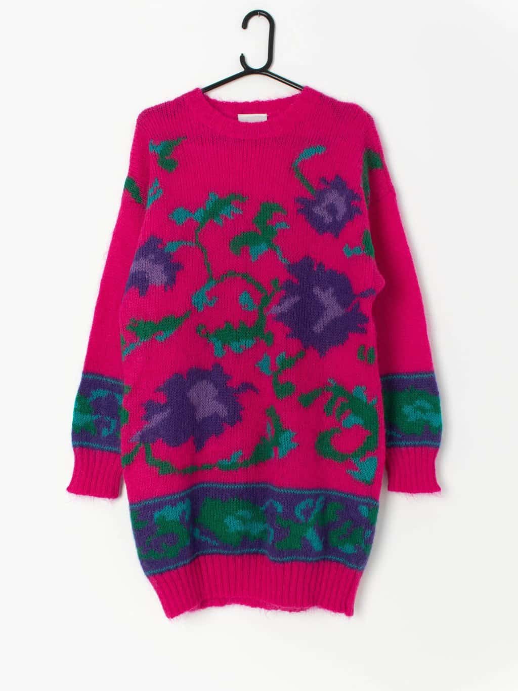 Vintage hot pink sweater dress with floral design - Medium
