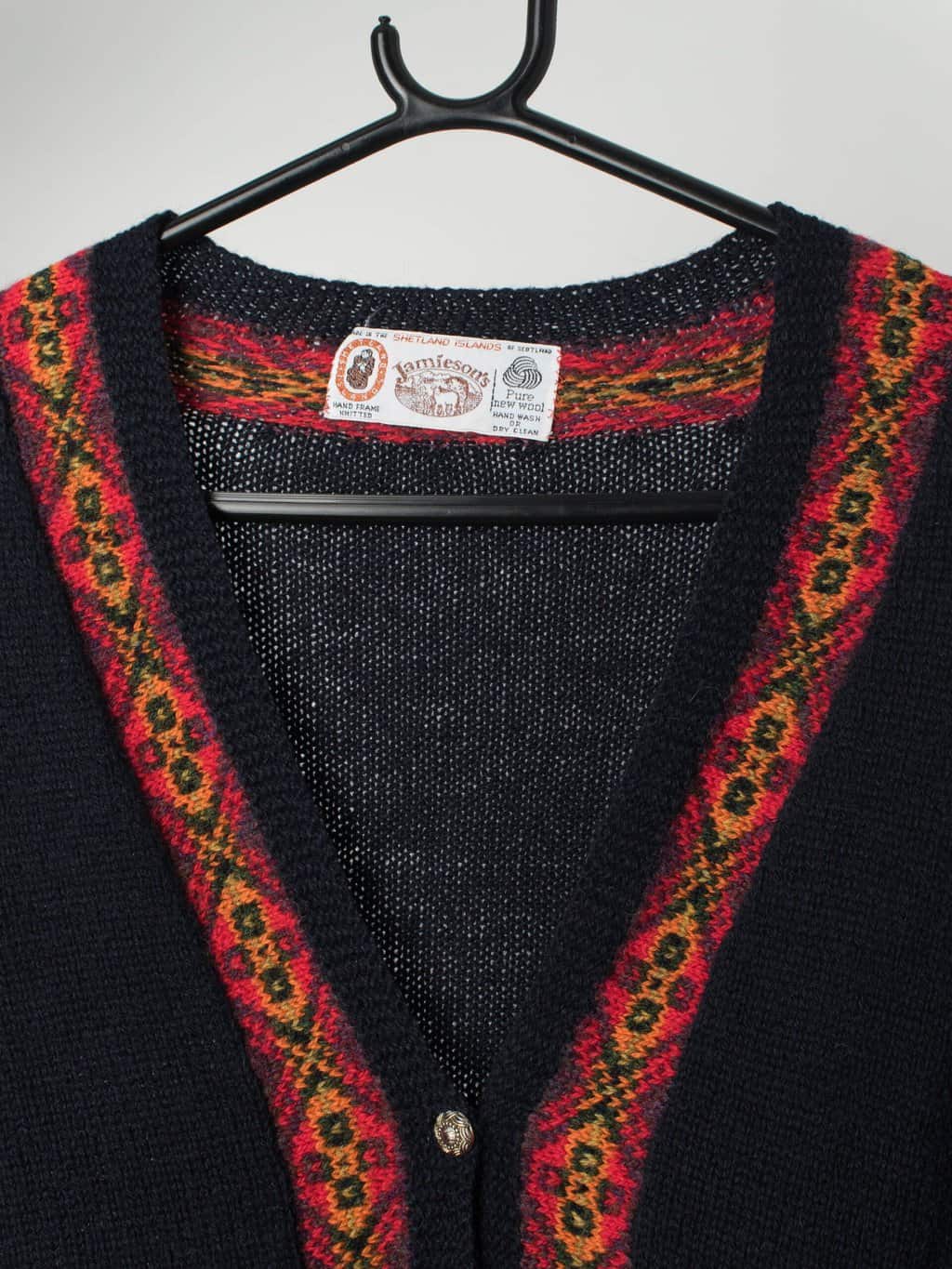 Vintage Jamieson's of Shetland navy cardigan with colourful pattern - Medium / Large