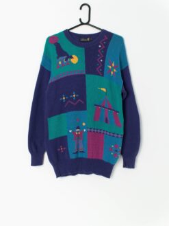 Vintage knitted cotton jumper with funky colourful circus theme by Tulchan - Medium