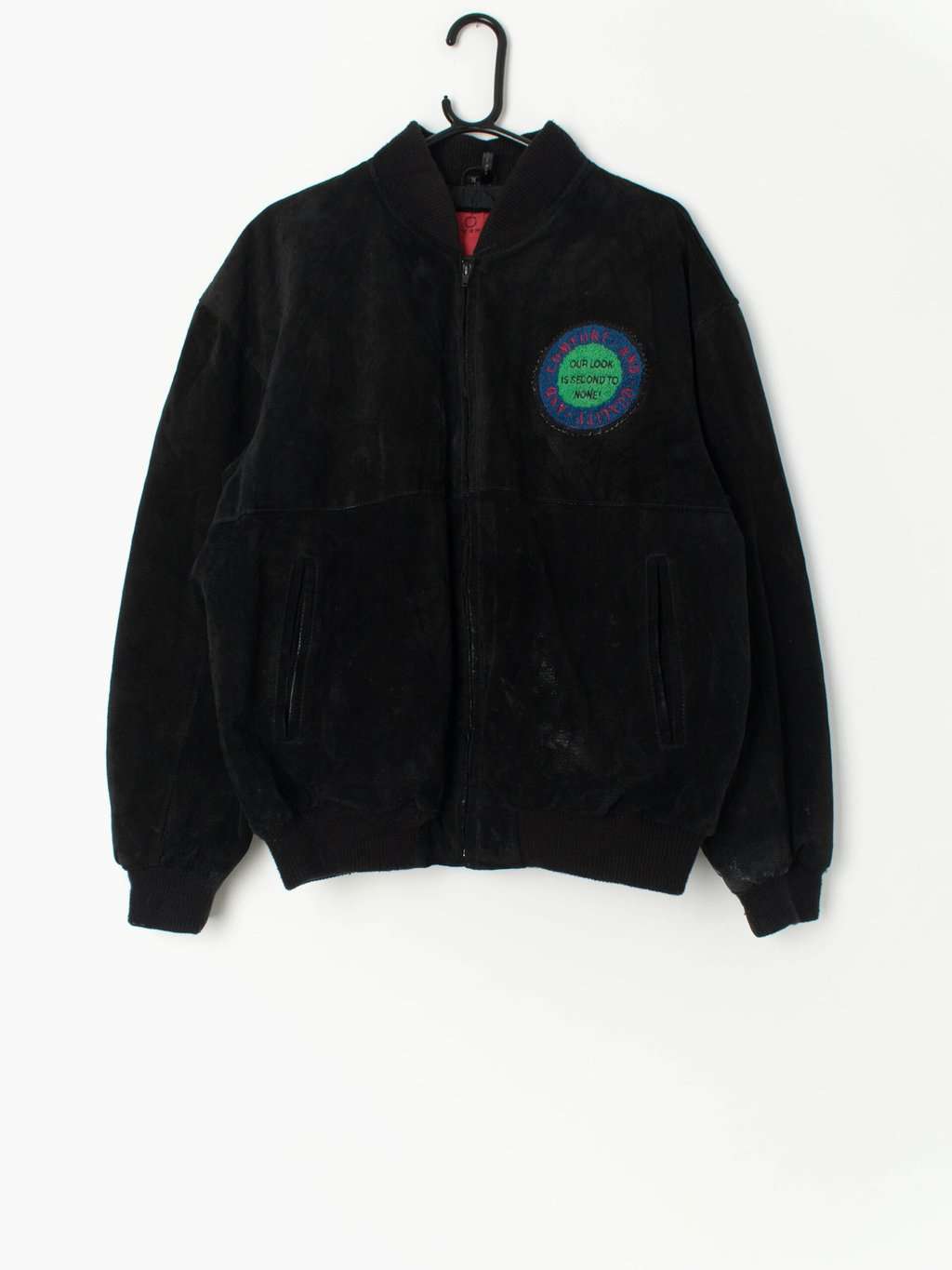 Vintage Leather Bomber Jacket In Black With Tufting Patchwork Medium Large