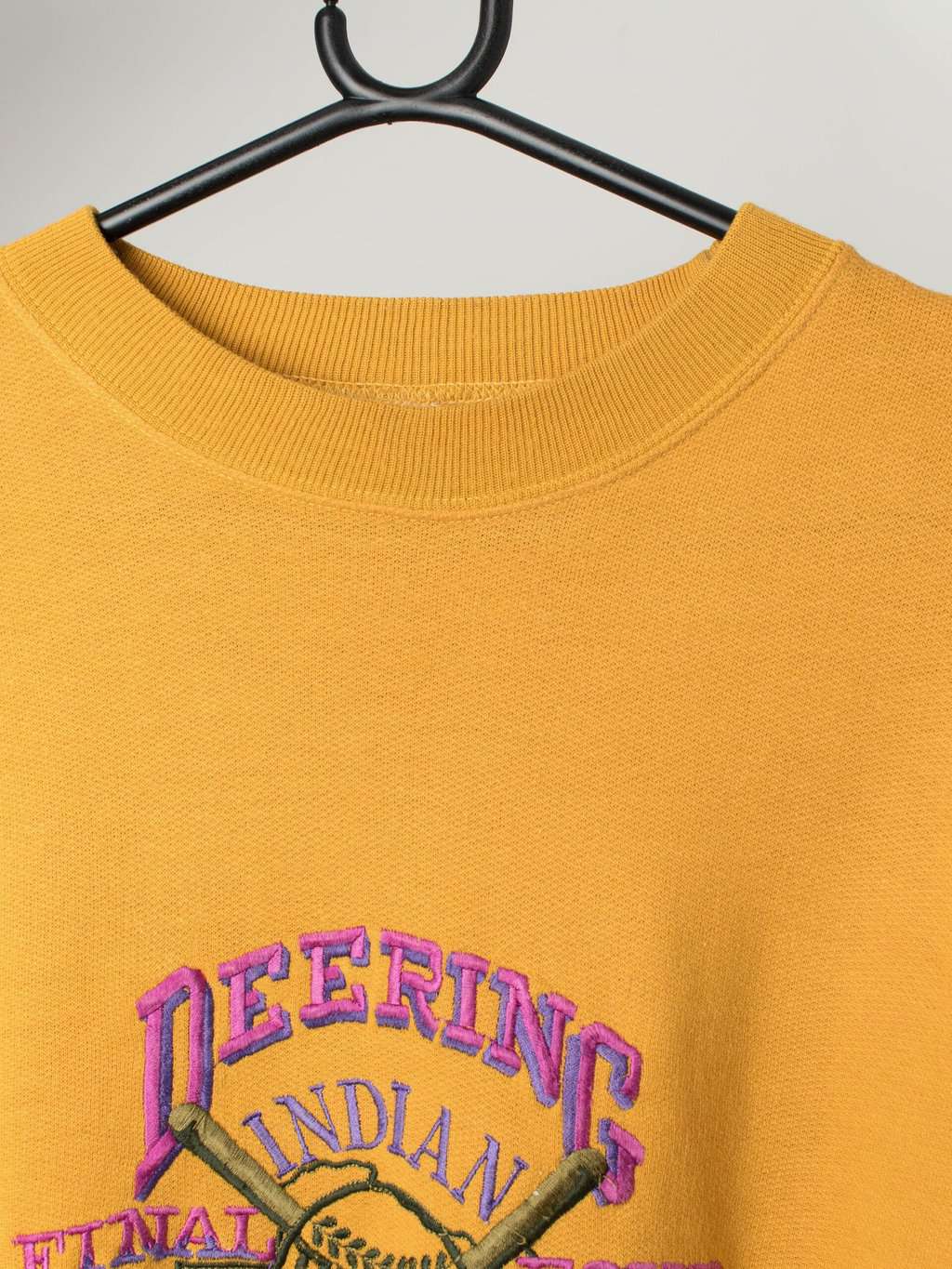 Vintage mustard yellow sweatshirt with bright baseball themed embroidery, mens - Large