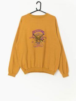 Vintage mustard yellow sweatshirt with bright baseball themed embroidery, mens - Large
