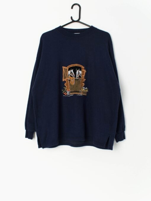 Vintage navy sweatshirt with applique horse and stable scene - Large / XL