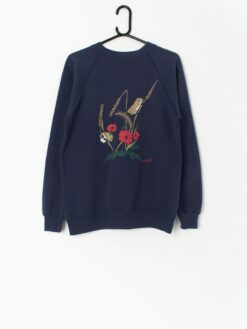 Vintage navy sweatshirt with cute wood mouse and florals - Medium
