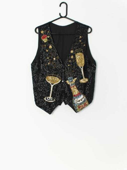 Vintage NYE party sequin waistcoat vest in black and gold - Medium / Large