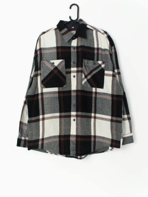Vintage Plaid Flannel Shirt In Black Brown And White Xl