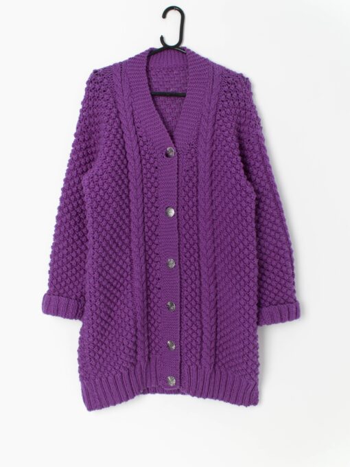 Vintage popcorn-knit purple cardigan coat, hand knitted - Medium / Large
