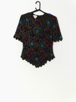 Vintage sequin top in black with floral pattern by Laurence Kazar - Medium