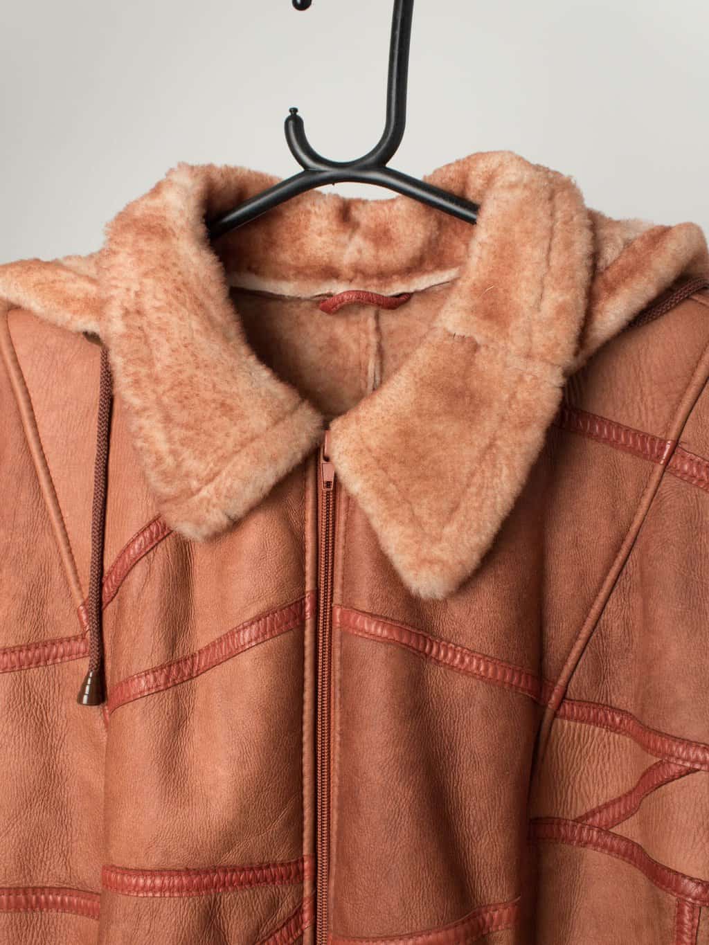 Vintage Sheepskin Jacket In Tan With Hood And Sheepskin Collar Medium Large 2
