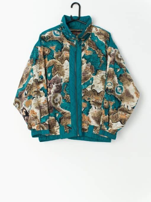 Vintage shell jacket with maps and cherubs in teal blue - Medium