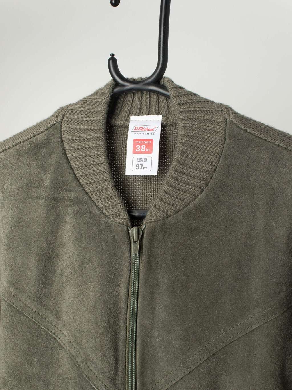 Vintage St Michael Sage Green Knitted Jacket With Suede Front Medium 2