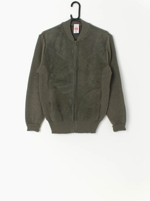 Vintage St Michael Sage Green Knitted Jacket With Suede Front Medium