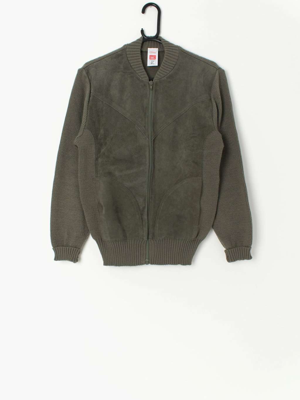 Vintage St Michael Sage Green Knitted Jacket With Suede Front Medium