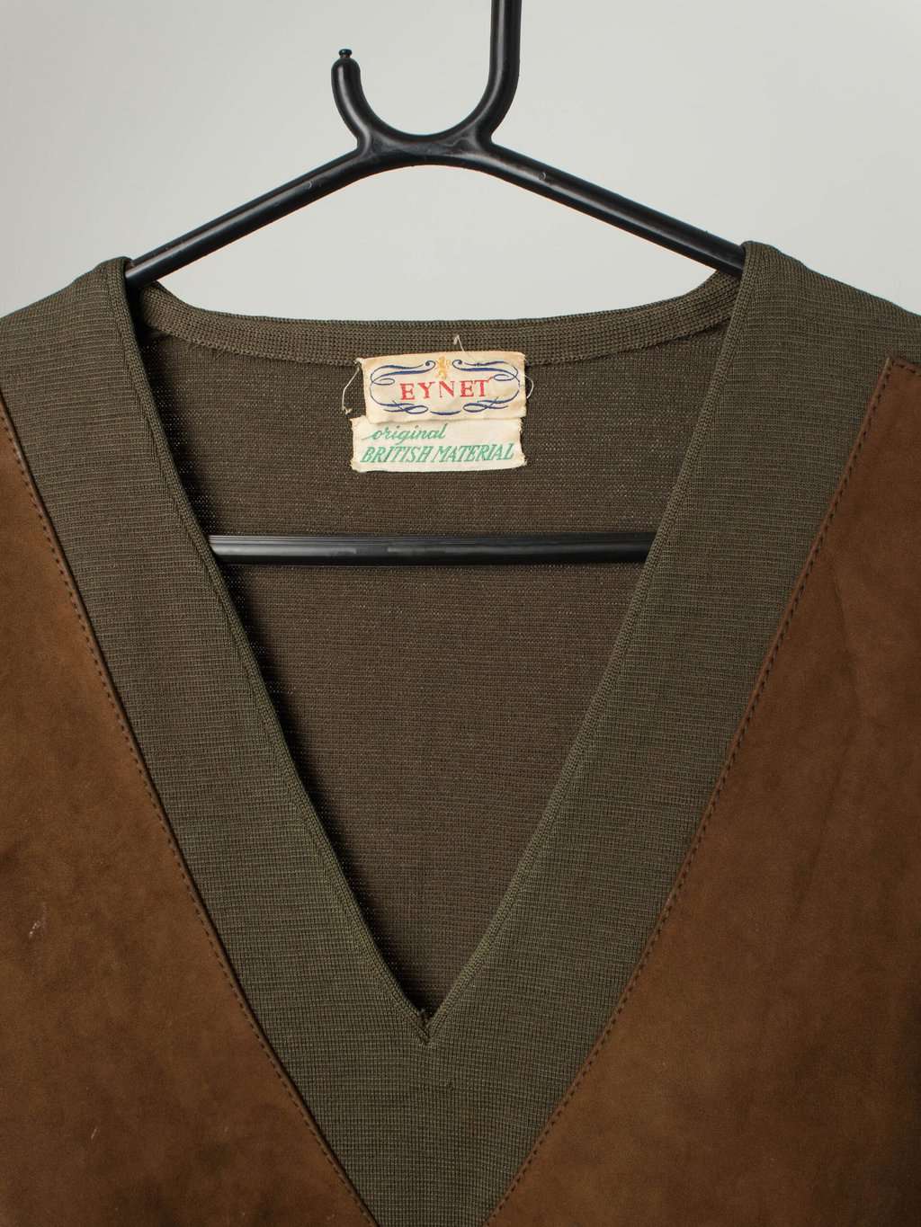 Vintage Suede Panel Jumper In Olive Green And Brown Medium Large 2