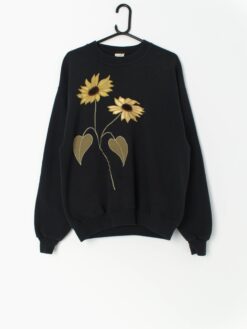 Vintage sunflower sweatshirt in black with bright yellow sunflower appliqué - Large