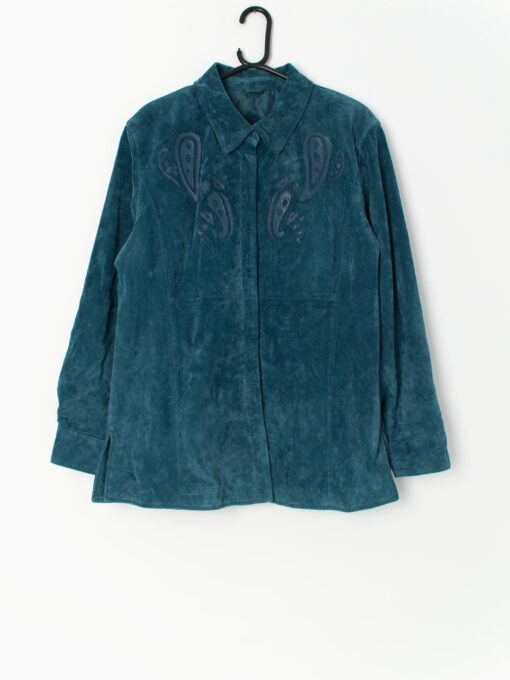 Vintage Teal Suede Jacket With Paisley Pattern By Beth Terrell Medium Large