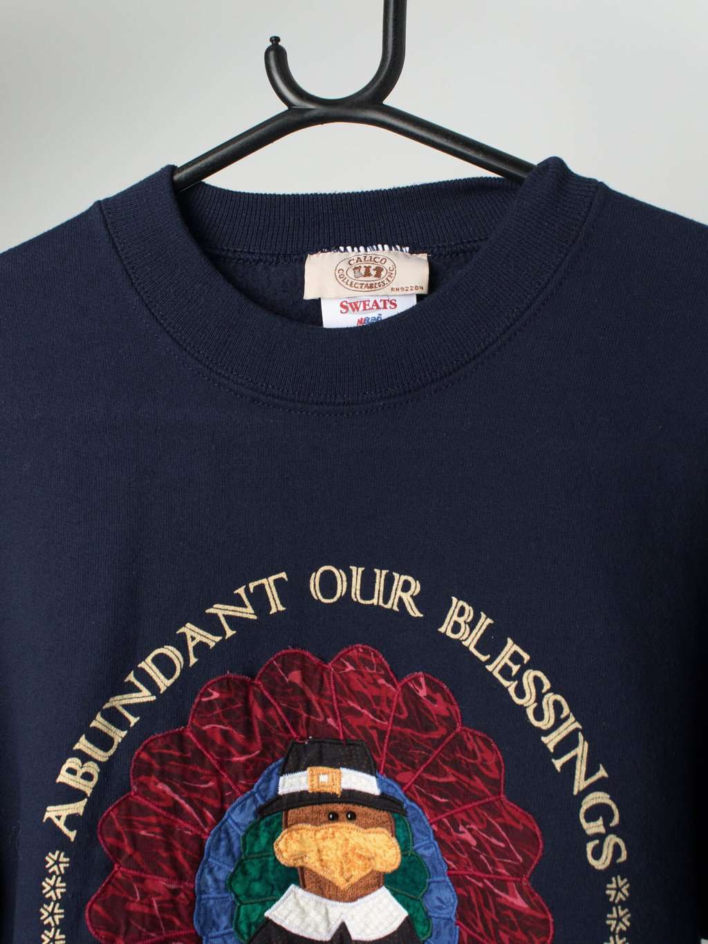 Vintage thanksgiving sweatshirt with large funky turkey design in navy blue - Small