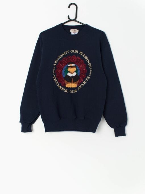 Vintage thanksgiving sweatshirt with large funky turkey design in navy blue - Small