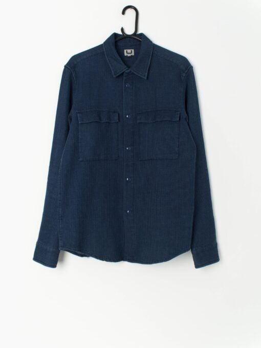 Vintage Waffle Texture Shirt In Navy Blue With Long Sleeves Small Medium