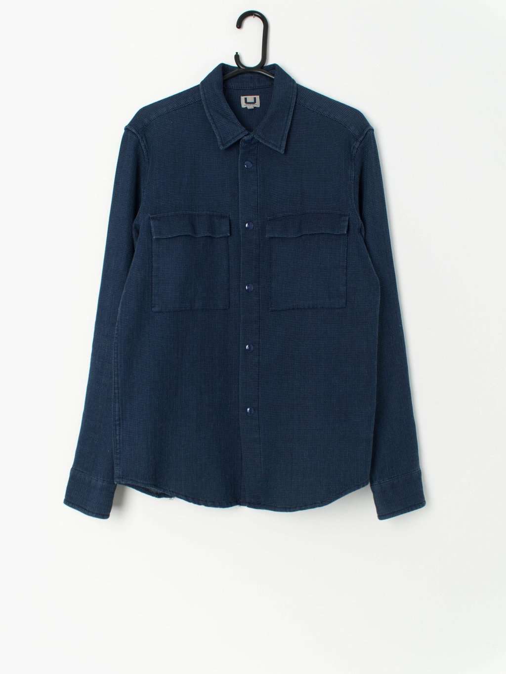 Vintage Waffle Texture Shirt In Navy Blue With Long Sleeves Small Medium