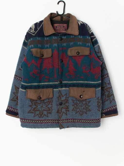 Vintage wool blanket coat in Autumnal tones with woodland theme design - Medium