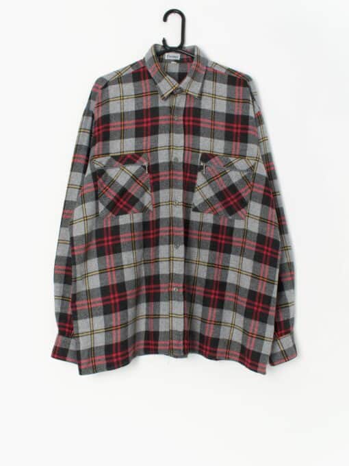 Vintage wool plaid flannel shirt in grey, red and yellow - XL