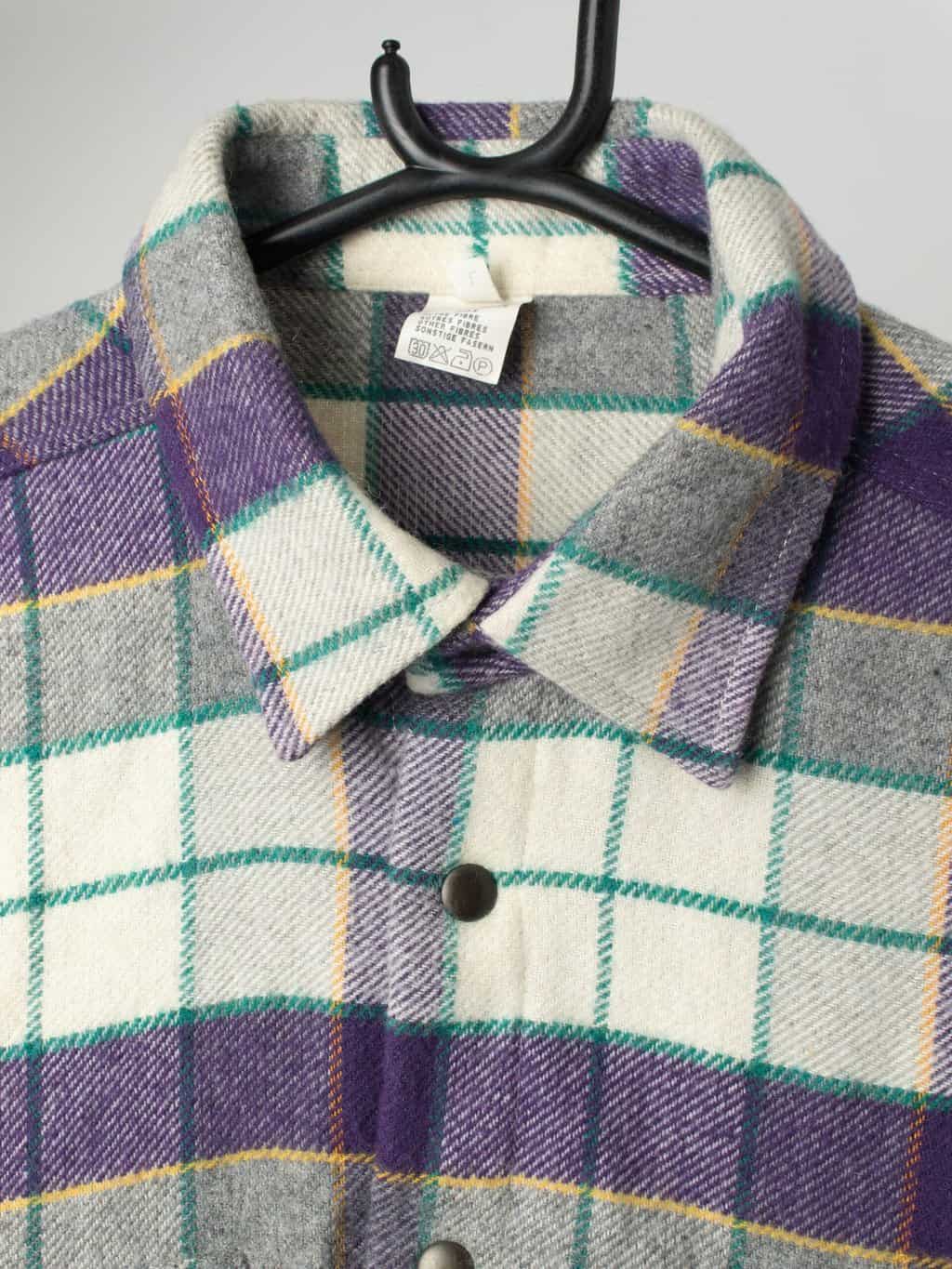 Vintage wool plaid flannel shirt in purple, white and teal - Medium / Large