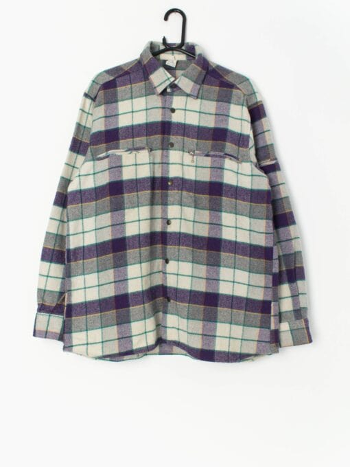 Vintage wool plaid flannel shirt in purple, white and teal - Medium / Large