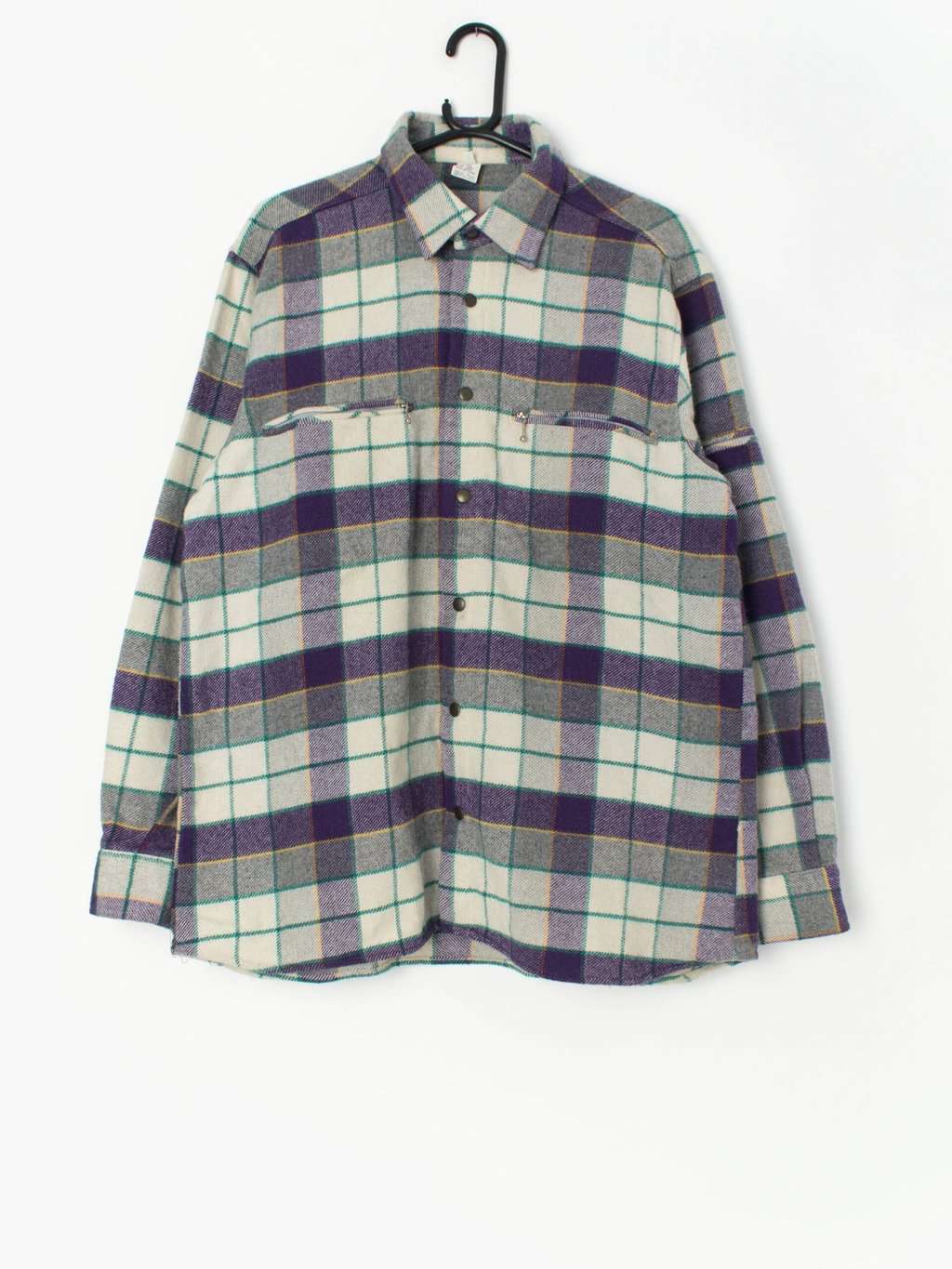 Vintage wool plaid flannel shirt in purple, white and teal - Medium / Large