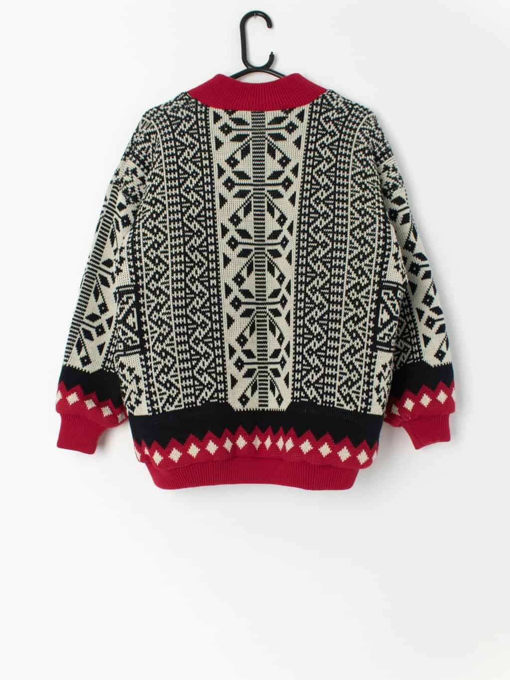 Womens vintage cherry red and black knitted bomber jacket - Medium