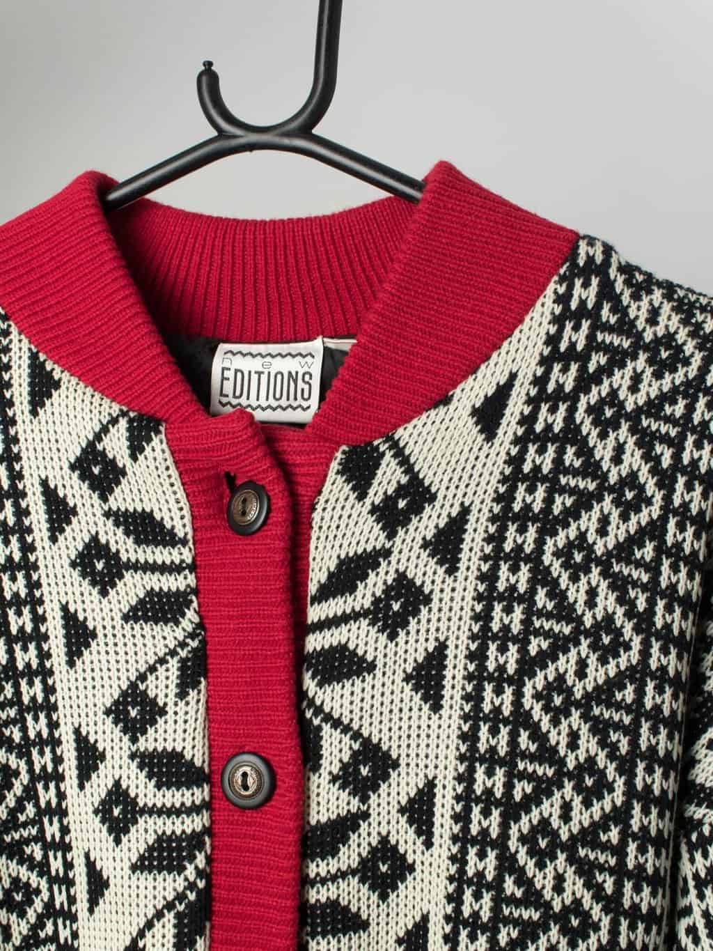 Womens vintage cherry red and black knitted bomber jacket - Medium