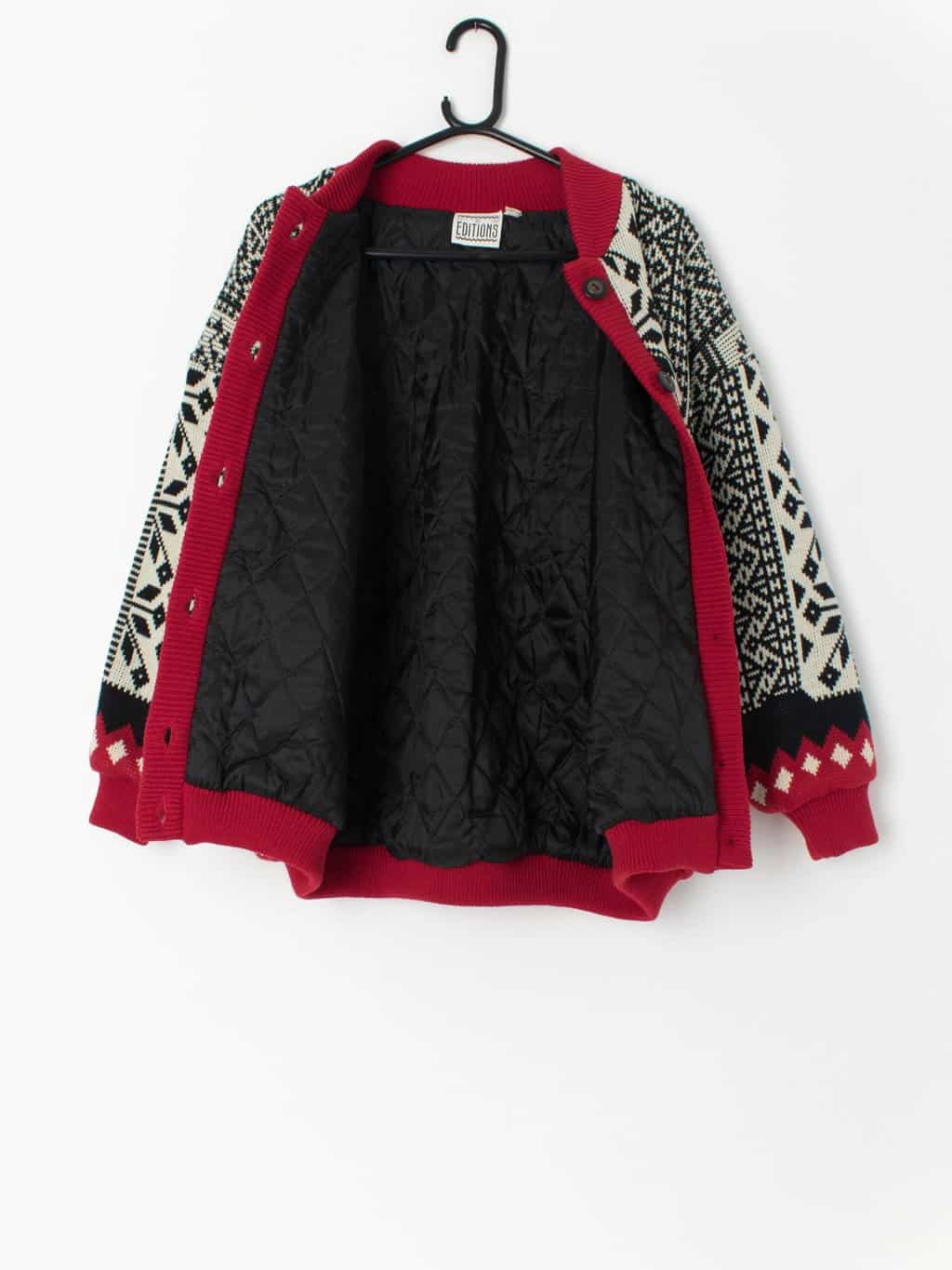 Womens vintage cherry red and black knitted bomber jacket - Medium